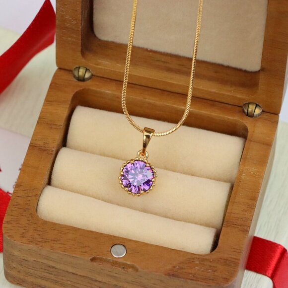 "Rose Gold Pendant with Round Purple Stone and Beaded Frame Accent, XPPT1608 - Picture 8 of 12